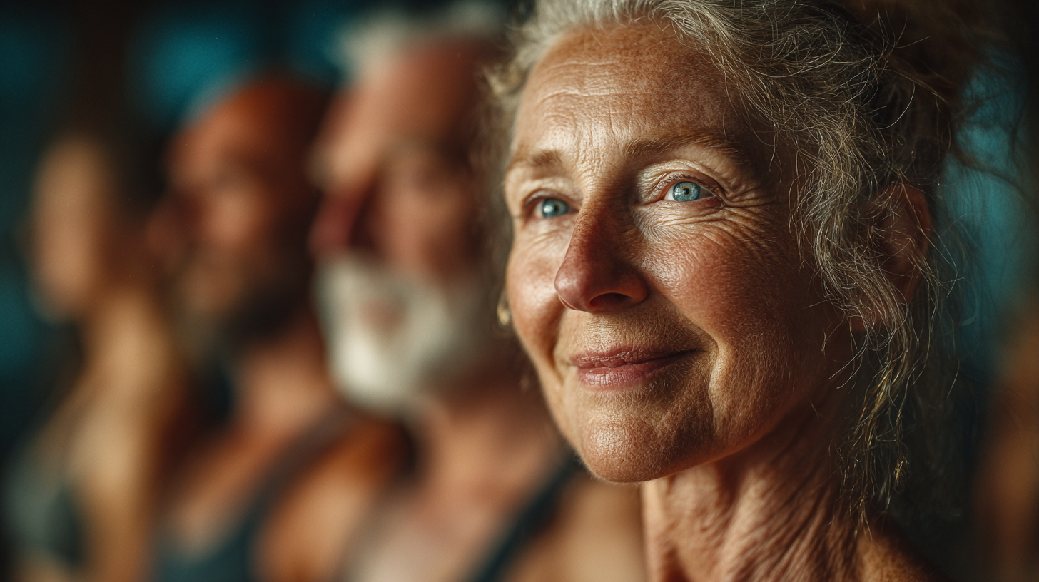 Keksa ayol yoga mashg'ulotida